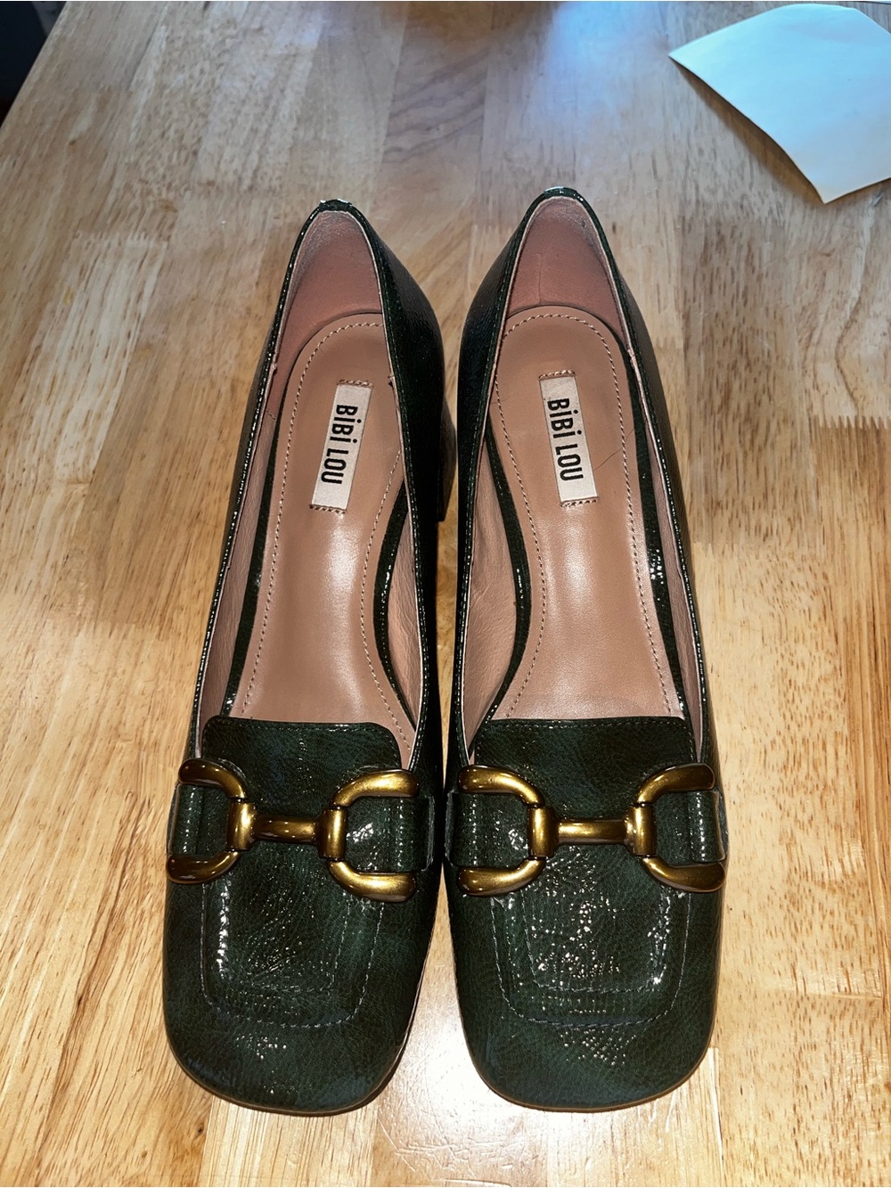 Bibi Lou Dark Green Leather Heeled Loafers with Gold Buckle